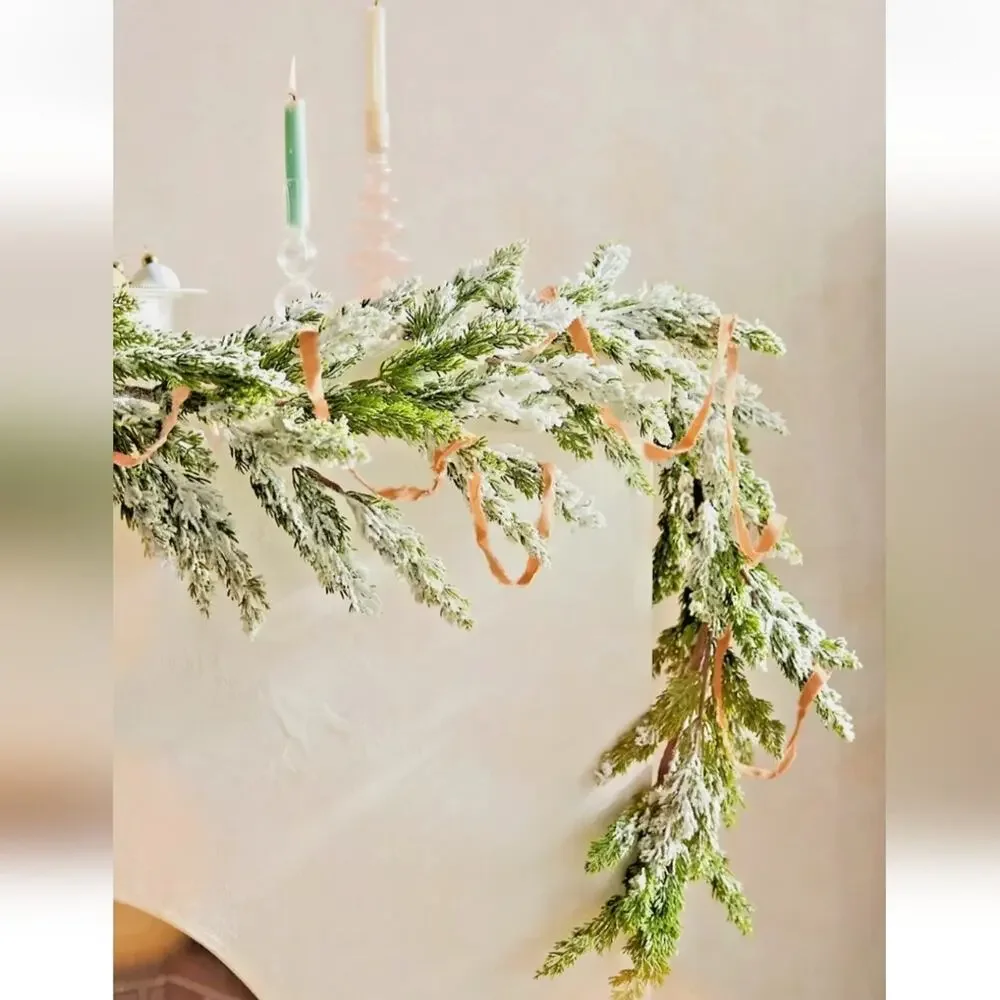 NWT ANTHROPOLOGIE FAUX FLOCKED SNOWY Cedar GARLAND CHRISTMAS HOLIDAY WREATH 72”